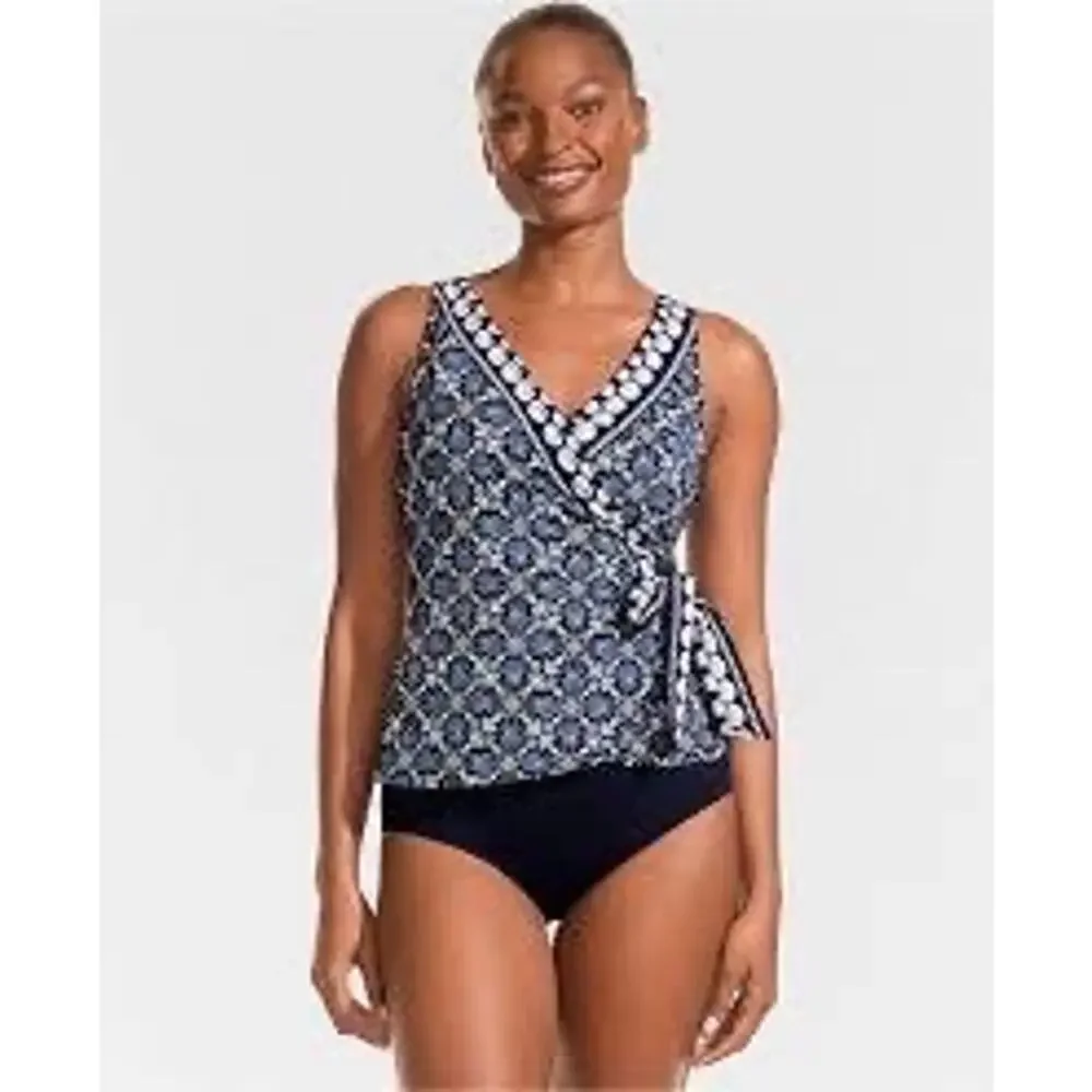 Lands' End Sz 12 Mini Swim Tankini Seashell Geo Navy Side Tie Summer Beach NWT